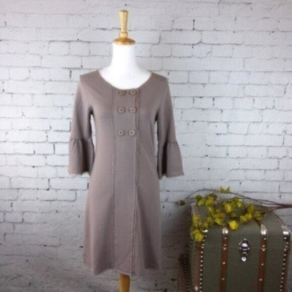 Linq boho Soft Sweatshirt Dress Silk Trim Taupe Small - Picture 1 of 5